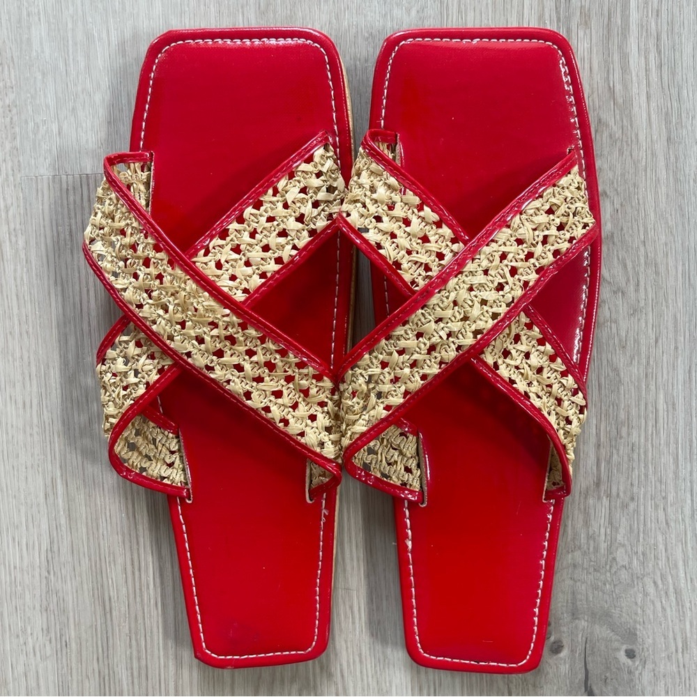Vintage Red Rattan Criss Cross Slides Shoes Slippers 50s 60s Mid Century…